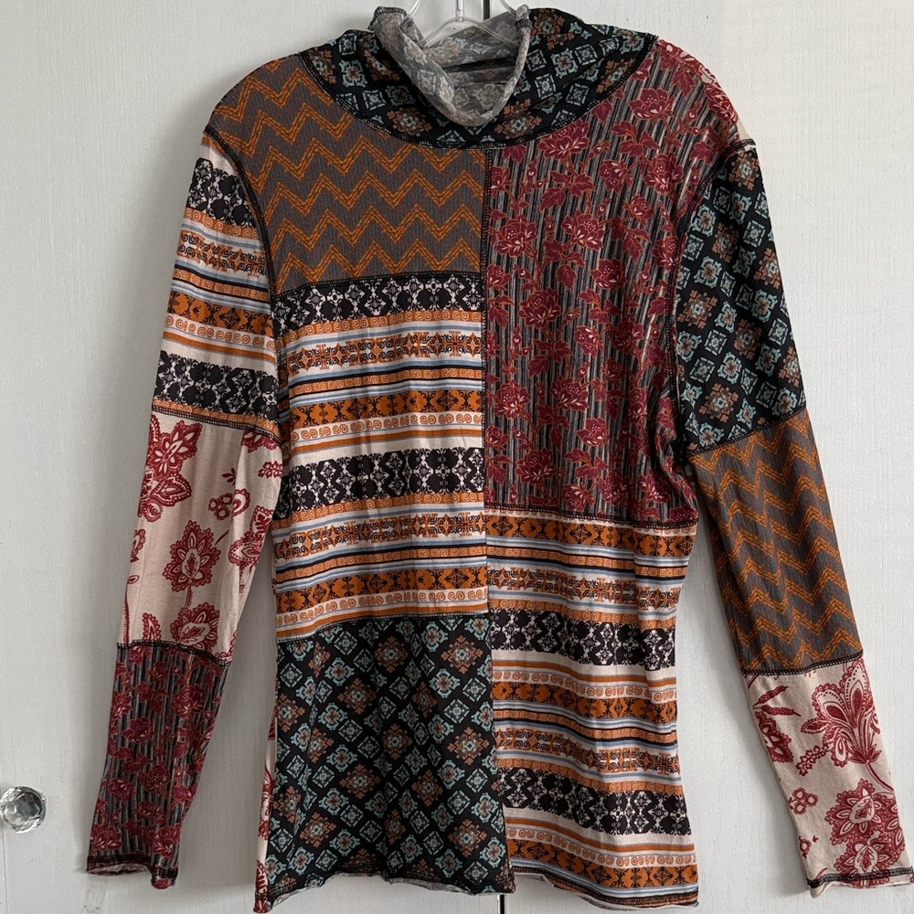 Sundance Patchwork Melody Top Bohemian Ls Cowl Neck Lightweight Knit Sz XL - Picture 4 of 14